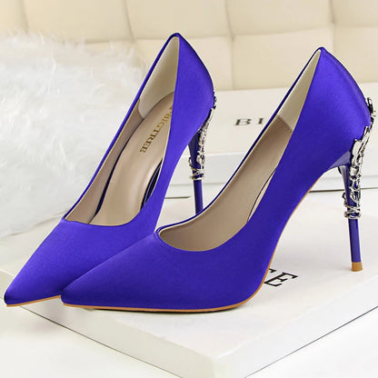 BIGTREE Shoes Women Pumps Flower Carved Metal Heel Women Shoes Fashion Wedding Shoes Satins Stilettos Heels 10 Cm High Heels