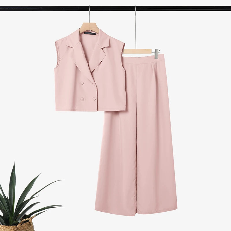 ZANZEA Women's Elegant Pant Sets Lapel Collar Sleeveless Top & Wide Leg Pant 2 Piece Suits Office Lady Commute Work Outfits