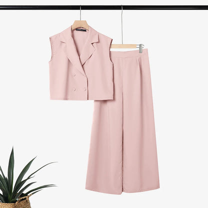 ZANZEA Women's Elegant Pant Sets Lapel Collar Sleeveless Top & Wide Leg Pant 2 Piece Suits Office Lady Commute Work Outfits