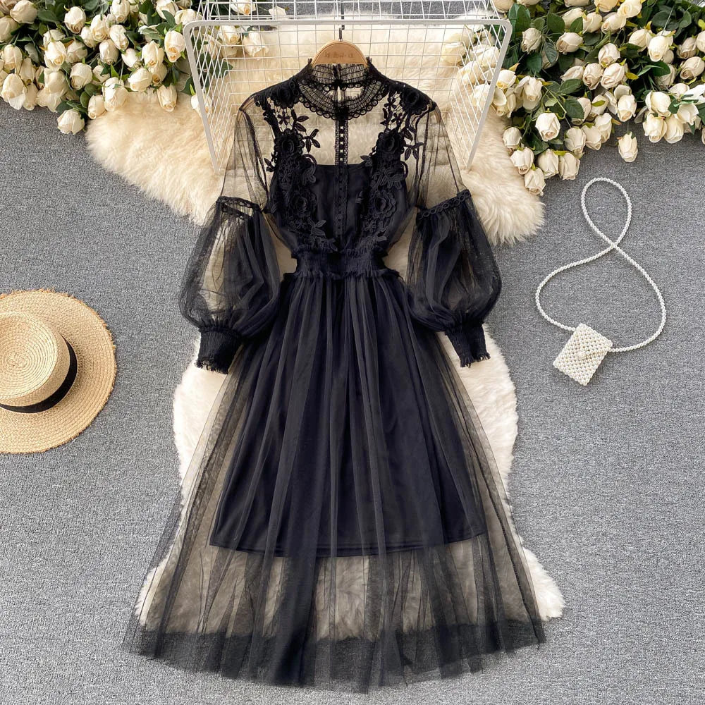 Ladies Dress Three-dimensional Flower See Through Mesh Temperament Stand Collar Lantern Sleeve High Waist Slim Female Dresses