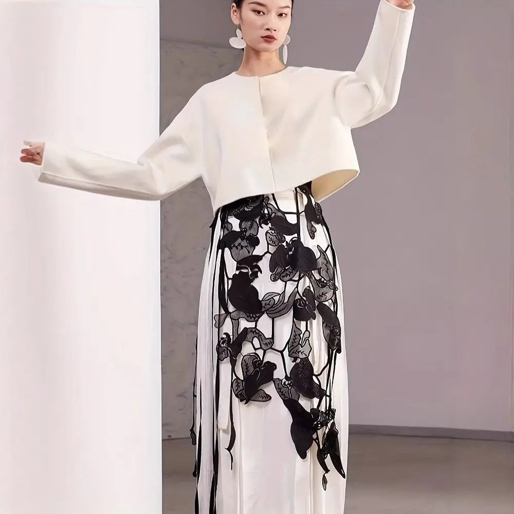 High Waist Lace Midi Skirt Irregular Side Slit Embroidered Flower Lace Drawstring Skirt Hollow Flower Tassels See Through