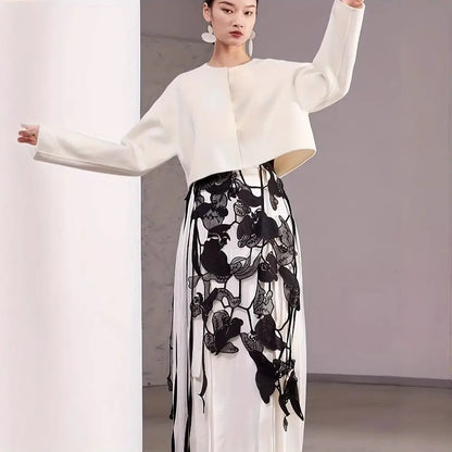 High Waist Lace Midi Skirt Irregular Side Slit Embroidered Flower Lace Drawstring Skirt Hollow Flower Tassels See Through