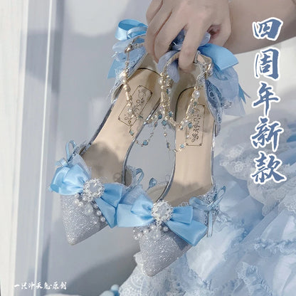 Sweet Girl Tea Party High Heels Blue Lolita Original High Heels Japanese Cute Loli Princess Single Shoes