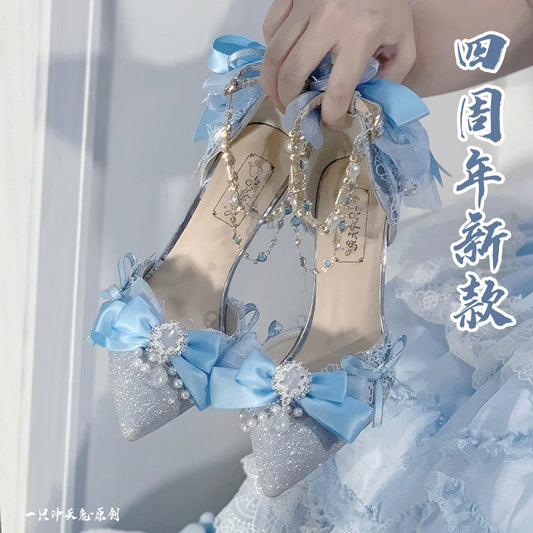 Sweet Girl Tea Party High Heels Blue Lolita Original High Heels Japanese Cute Loli Princess Single Shoes