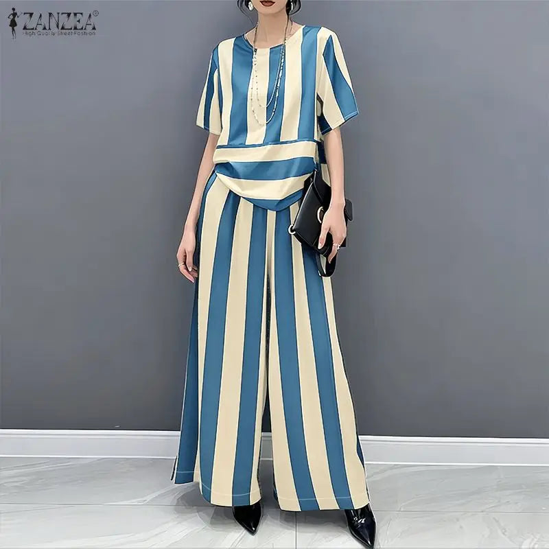 ZANZEA Fashion Short Sleeve Blouse Wide Leg Pant Sets Summer 2 Picece Set Women Striped Outfit Elegant Work Suit Stain Tracksuit
