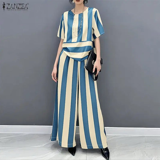 ZANZEA Fashion Short Sleeve Blouse Wide Leg Pant Sets Summer 2 Picece Set Women Striped Outfit Elegant Work Suit Stain Tracksuit