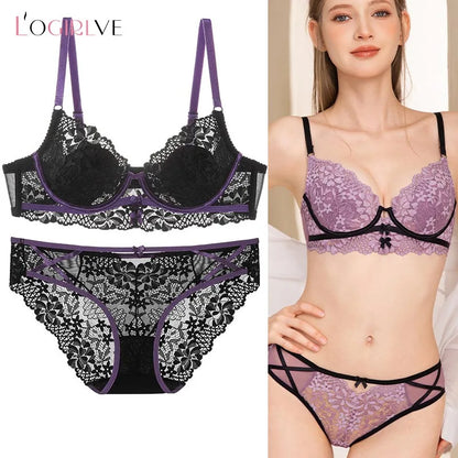 New Women Lingerie Set Sexy Lace Push Up Bra French 3/4 Thin Cup Bralette Cute Bow Decoration Underwear Comfort Bras Briefs Sets