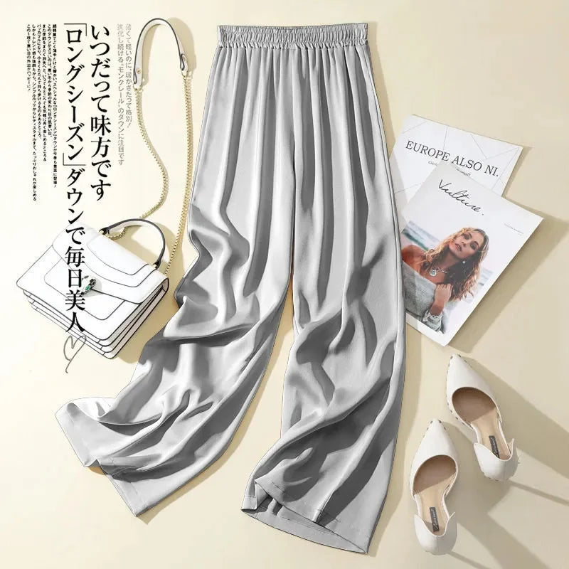 Summer Women Pants Ice Silk Triacetate Pants Lady Baggy Versatile Elastic Straight Leg Trousers Female Wide Leg High Waisted Pan