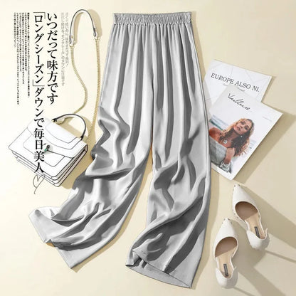 Summer Women Pants Ice Silk Triacetate Pants Lady Baggy Versatile Elastic Straight Leg Trousers Female Wide Leg High Waisted Pan