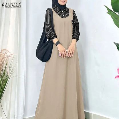 Women Stirped Patchwork Muslim Abaya Dress ZANZEA Ramadan Robe Elegant Maxi Long Dress Full Sleeve Loose Dubai Sundress Kaftan