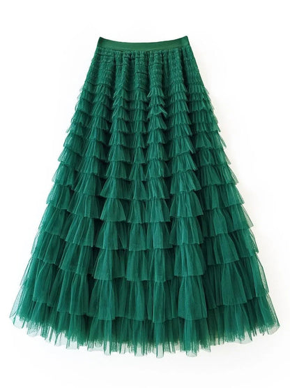 HOT Solid Multilayer Ruffle Mesh Skirt Women Boho High Waist Long Maxi Tulle Skirt Spring Summer Party Women's Clothing