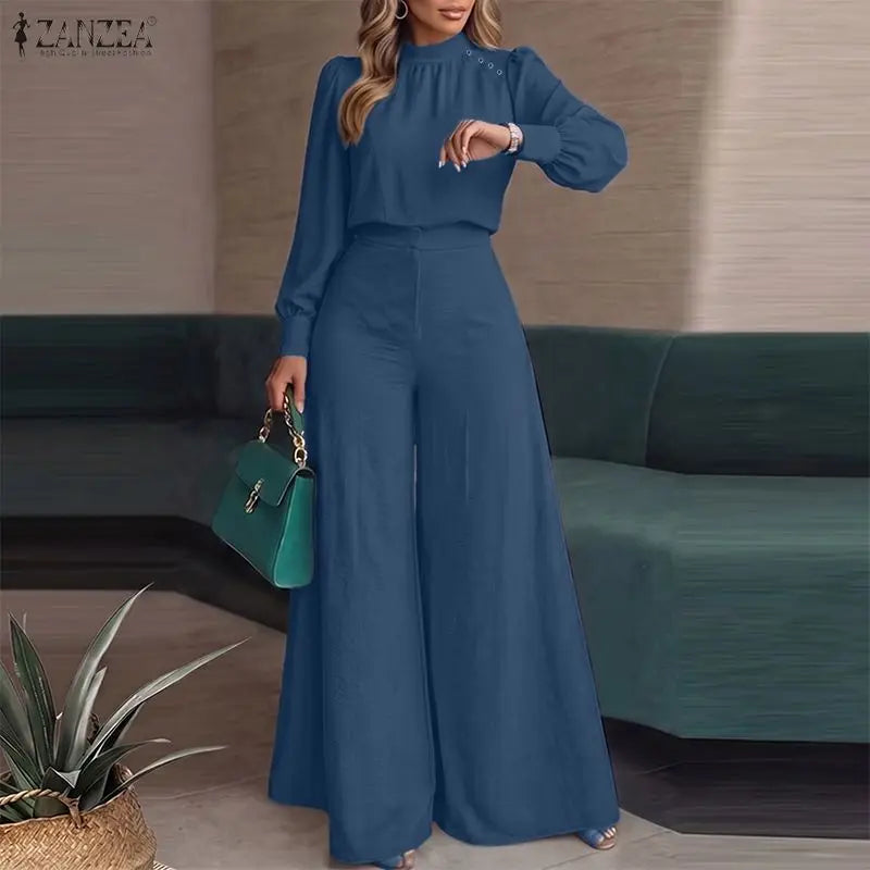 ZANZEA Women Crinkled Fabric 2-Piece Pant Sets Mock Neck Blouse & Wide Leg Pant 2pcs Matching Sets Minimalist Commute Outfits