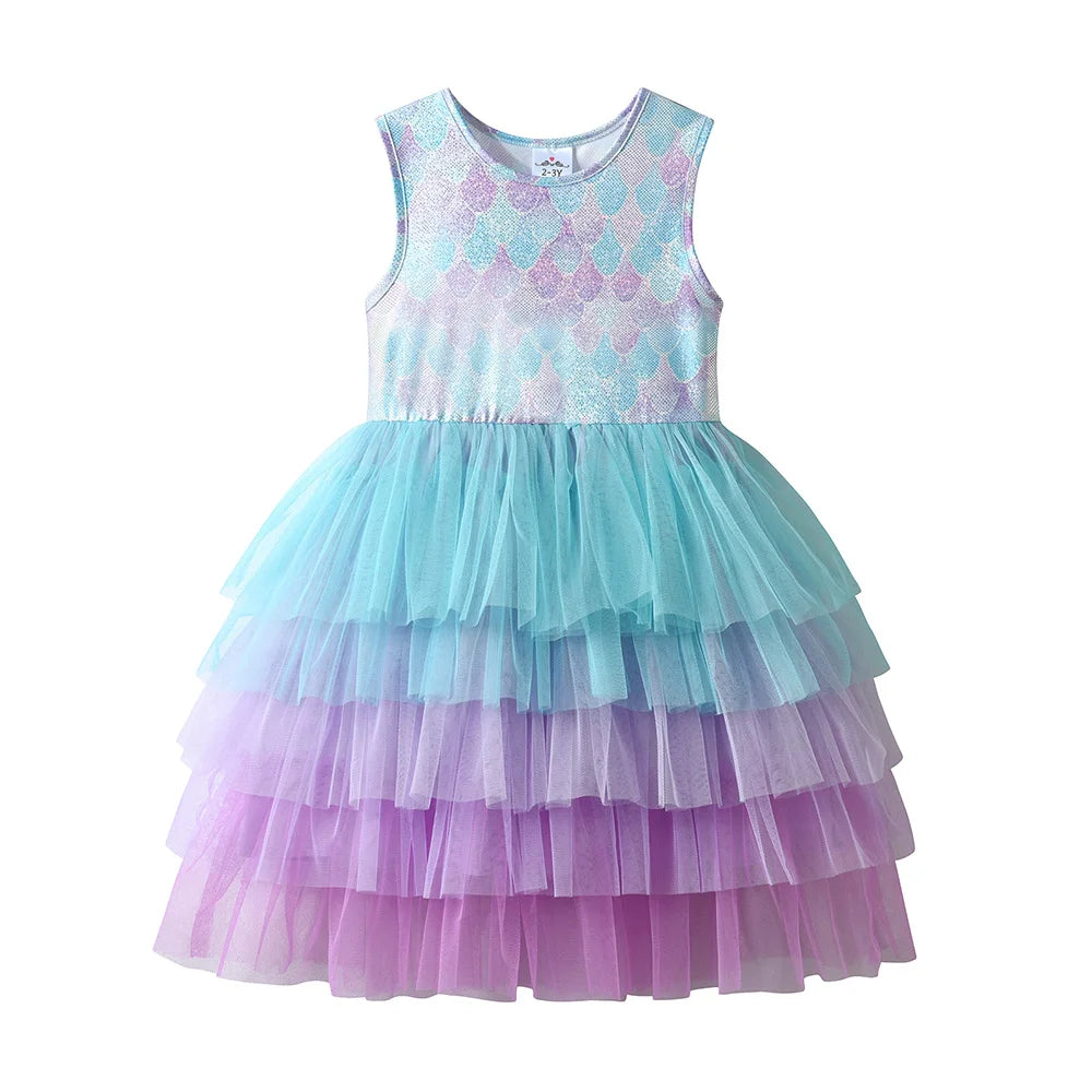 VIKITA Kids Pastel Ombre Lavender Mermaid Print Beach Vacation Dress Girls Sleeveless Summer Gradient Layered Party Tutu Dresses