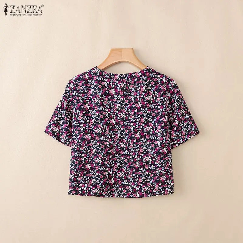 ZANZEA Women Fashion Floral Print Cardigans V-Neck Short Sleeve Lace-Up Front Cover-Up 2026 Summer Vacation Streetwear Short Top