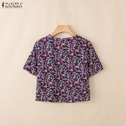 ZANZEA Women Fashion Floral Print Cardigans V-Neck Short Sleeve Lace-Up Front Cover-Up 2026 Summer Vacation Streetwear Short Top