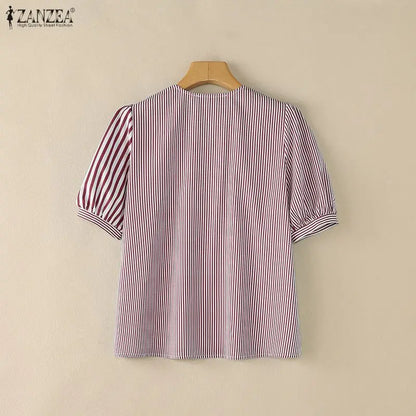 ZANZEA 2026 Woman Striped Patchwork Button Up Shirts V-Neck Half Puff Sleeve Blouses Summer Daily Casual Commute Camisas Mujer