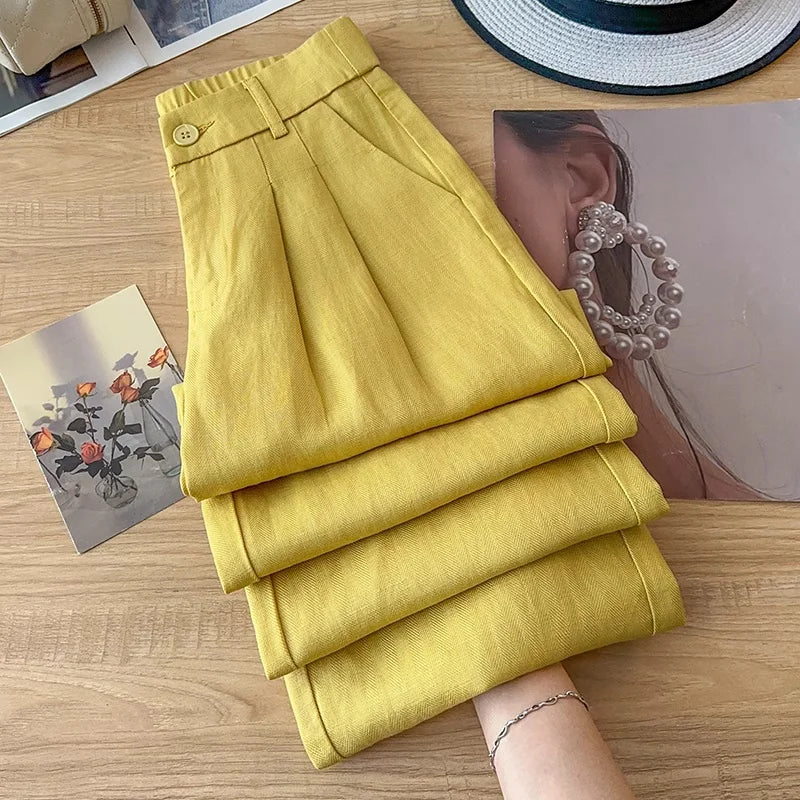 Women's High Waist Linen Pants Summer Wide-Leg Drape Trousers Thin Lyocell Ramie Straight Pants Comfortable Fit