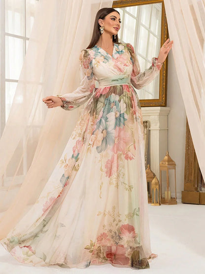 TOLEEN 2025 New Women's Cross Fashion Casual V-Neck Lantern Sleeve Random Flower Print Formal Elegant Party Long Maxi Dresses