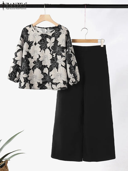 Summer Printed Tracksuits Bohemain Trousers Suit 2024 ZANZEA Women 3/4 Sleeve Blouse Wide Leg Pants Sets Vintage Matching Sets