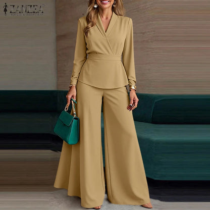 ZANZEA Plus Size Women's Minimalist Pant Suits Wide Leg Flared Pant & Long Sleeve Blouse 2pcs Sets Casual Loose Sets Outfits 5XL