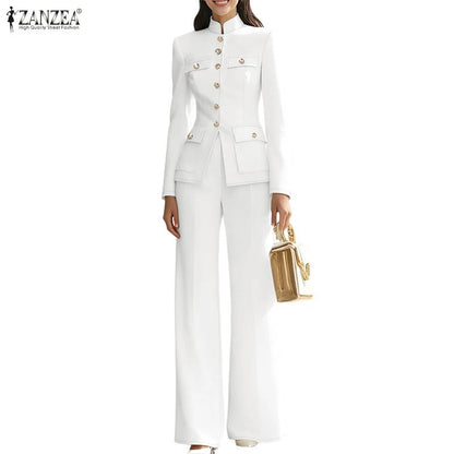 ZANZEA Women's Elegant Pant Suits Vintage Stand Collar Long Sleeve Top & Casual Pant 2 Pieces Sets Commuting Work Wear Outfits