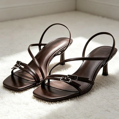 Fashion Narrow Band Buckle Detail Heeled Sandals Women Elegant Square-toe Open-toe Slingback Heels Luxury Brand Designer Shoes