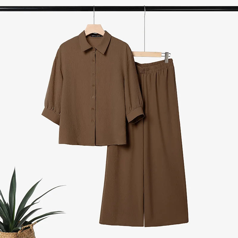 ZANZEA Plus Size 5XL Women Crinkled Fabric Pant Sets 3/4 Sleeve Shirt & Wide Leg Pant 2-Piece Sets Autumn Daily Casual Co-ords
