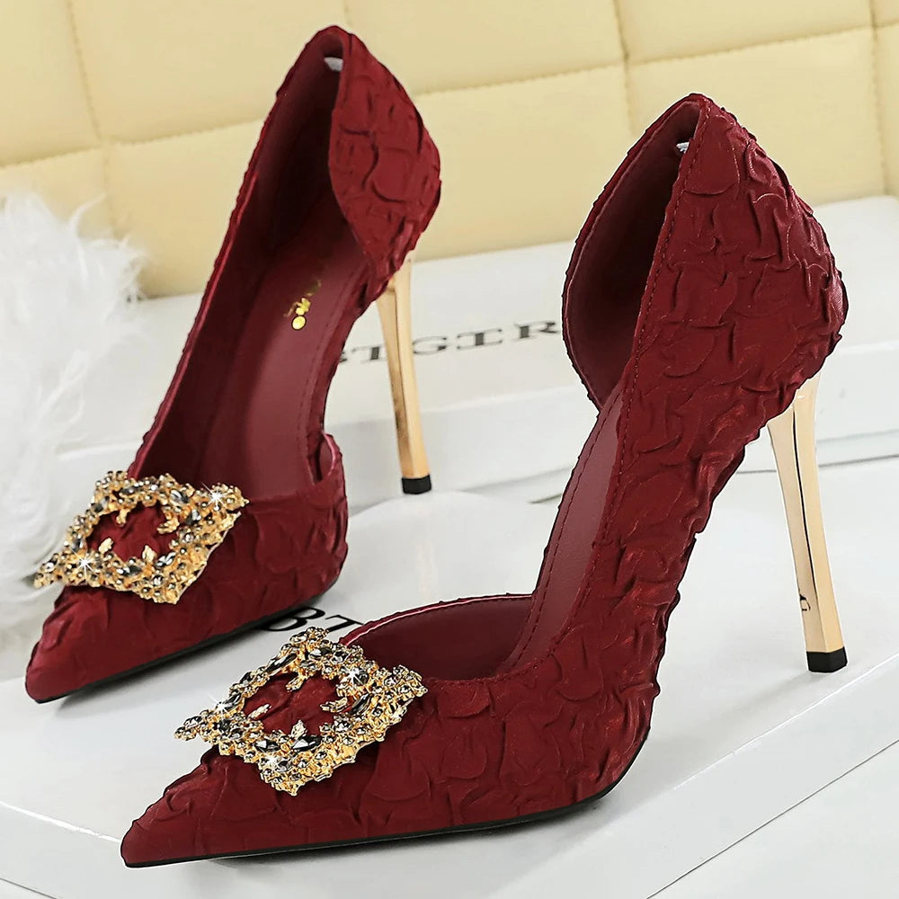 BIGTREE Shoes Rhinestone Women Pumps Silks Satins High Heels Stiletto 11 CM Metal Square Buckle Luxury Banquet Shoes Lady Shoes