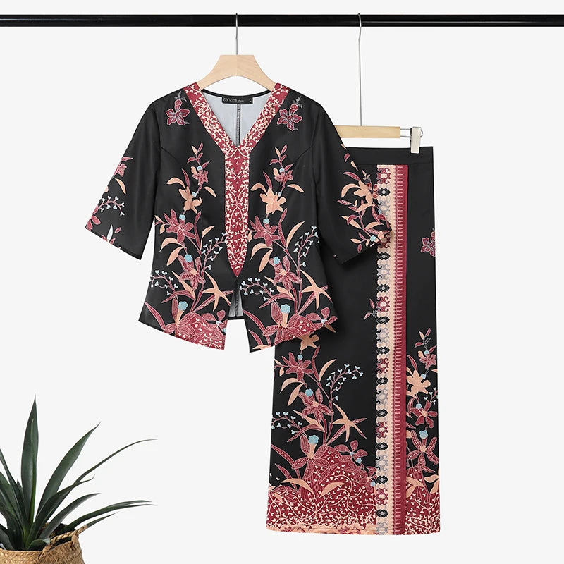 ZANZEA Elegant Women Dress Sets Ethnic Print V Neck Half Sleeve Blouse Sheath Maxi Long Skirt Suit Stylish Work Outfits 2 Pieces