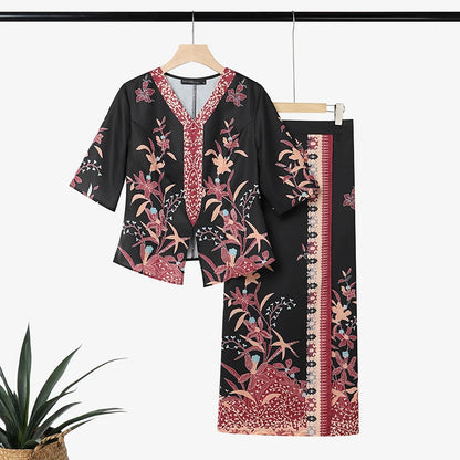 ZANZEA Elegant Women Dress Sets Ethnic Print V Neck Half Sleeve Blouse Sheath Maxi Long Skirt Suit Stylish Work Outfits 2 Pieces