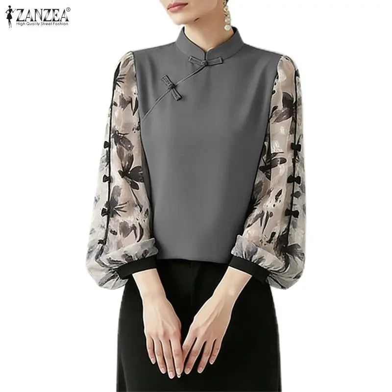 ZANZEA Summer Woman Vintage Blouses Mandarin Collar Floral Printed Puff Sleeves Bows Detail Tunic Tops Casual Blusas de Mujer