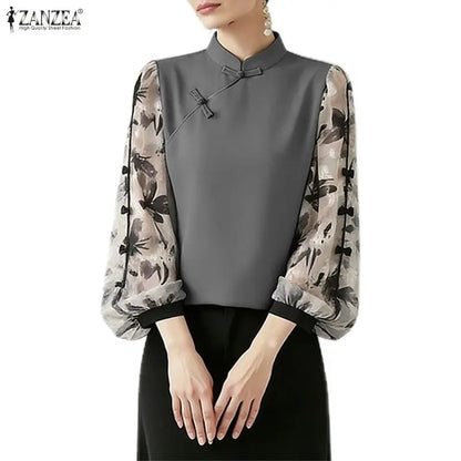 ZANZEA Summer Woman Vintage Blouses Mandarin Collar Floral Printed Puff Sleeves Bows Detail Tunic Tops Casual Blusas de Mujer