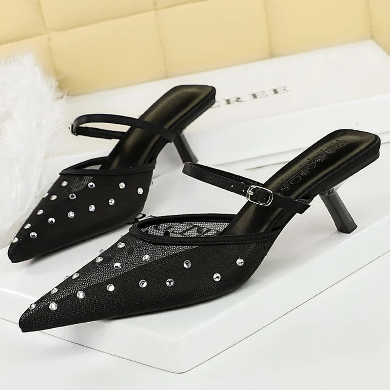 BIGTREE Shoes Pointed Women's Sandals Mesh Rhinestone Kitten Heels Breathable Hollow Out Middle Heel Sandals Buckle Slippers