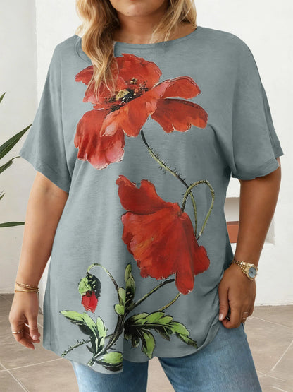 Plus Size Ladies Printed T-Shirt Loose Fit Multi-color Casual Short Sleeve O-Neck Daily Wear Tees