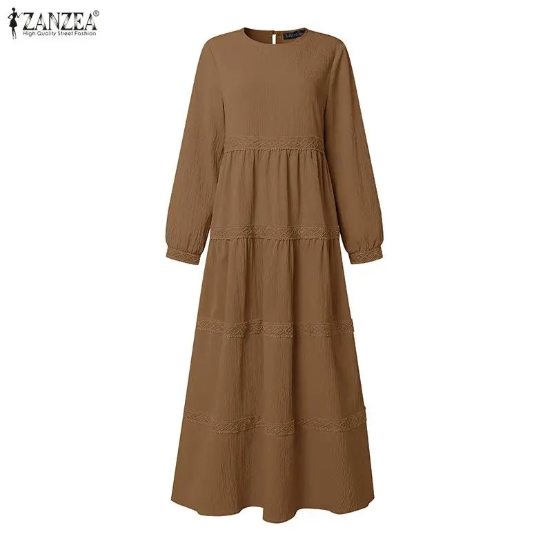 Modest Muslim Abaya Dress ZANZEA Ramadan Robe Women Elegant Long Sleeve Pleated Sundress Dubai Hijab Dresses Eid Kaftan Vestidos