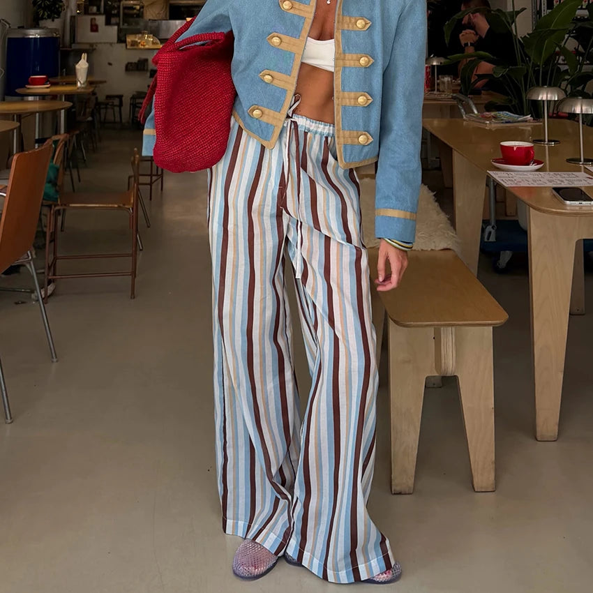 Linad Vintage Loose Stripe Drawstring Trousers Street Chic Long Pants For Woman 2026 Casual Print Wide Leg Pants With Pockets
