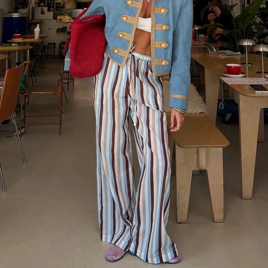 Linad Vintage Loose Stripe Drawstring Trousers Street Chic Long Pants For Woman 2026 Casual Print Wide Leg Pants With Pockets
