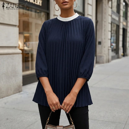 ZANZEA Women Fashion Pleated Front Blouses Contrast-Color O-Neck 3/4 Puff Sleeve Loose A-Line Tops Chic Blusa Mujer Streetwear