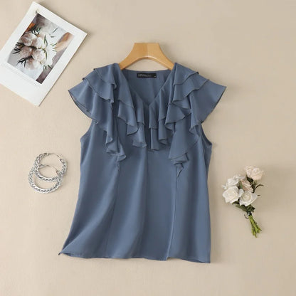 ZANZEA Women Layered Ruffles Blouses Elegant V-Neck Sleeveless Solid Color Top Summer Minimalist Casual Graceful Blusas de Mujer