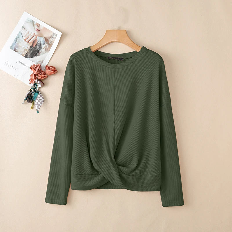 ZANZEA Women Autumn Waffle Knit Long Sleeve T-Shirts Crew Neck Twisted Knot Hem Pullover Tops Casual Loose Solid Woman Clothes