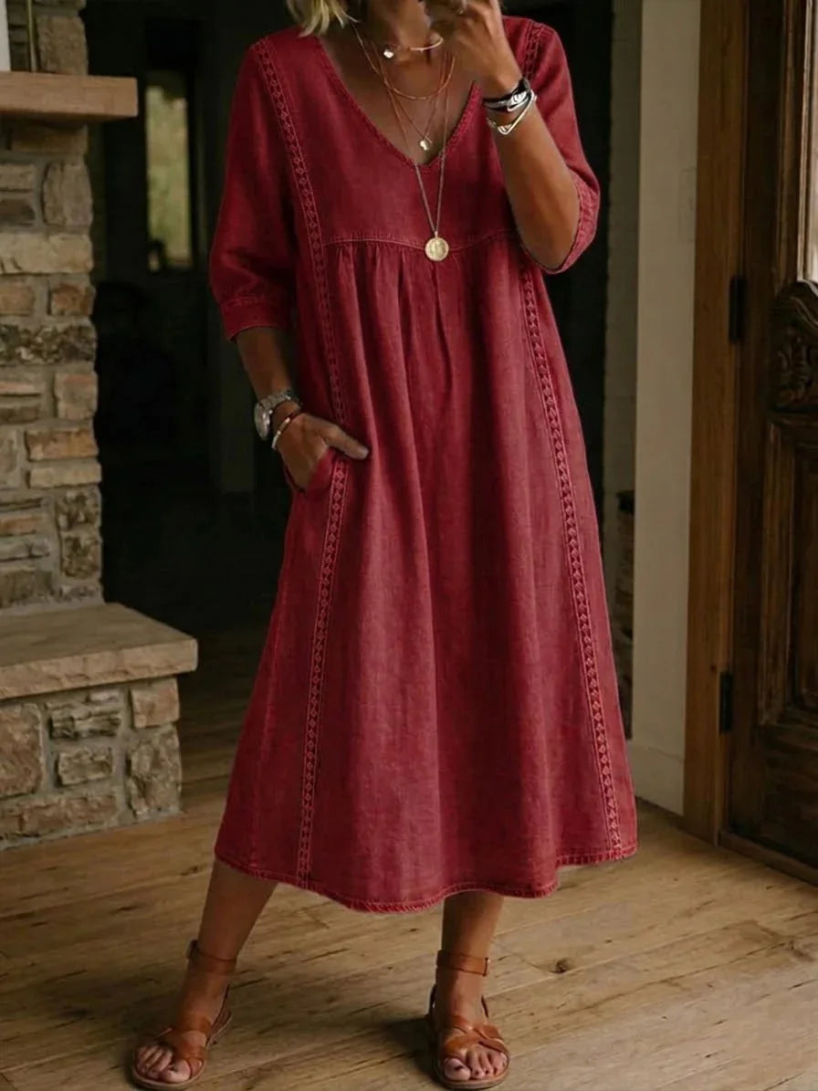 Women Summer Casual Loose V Neck Lace Splicing Midi Dress, Solid Three Quarter Sleeve Breathable Daily Vacation Dress