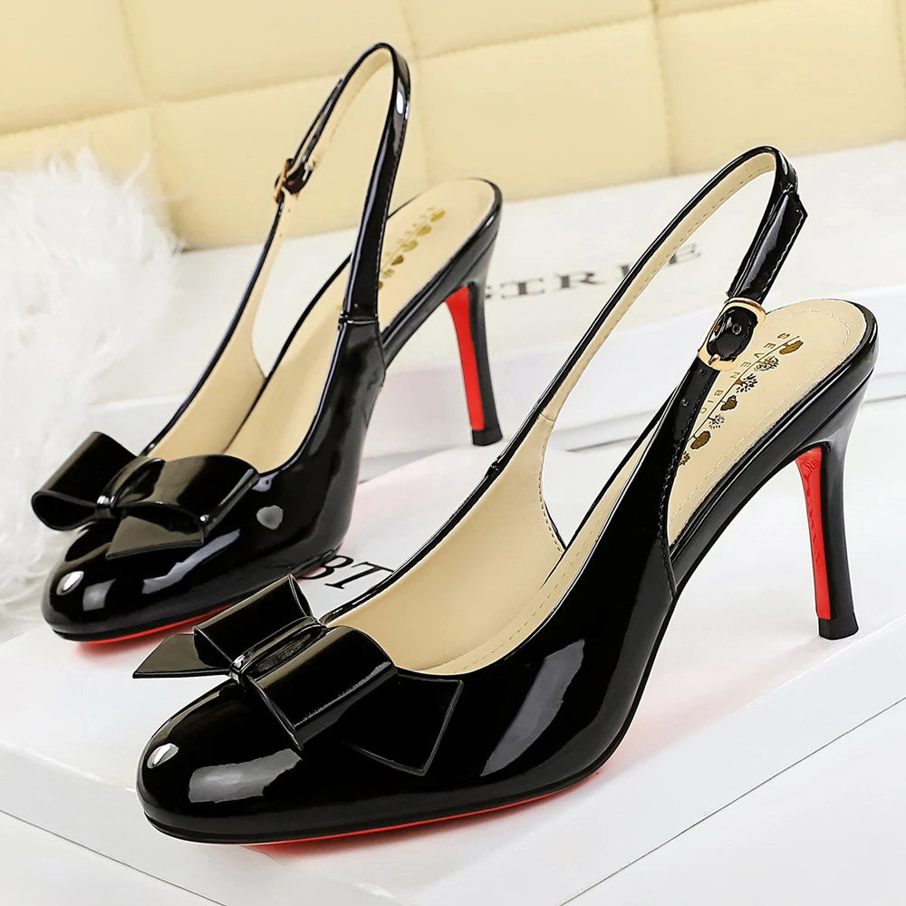 BIGTREE Shoes Round-toe Women Pumps Patent Leather High Heels Bowknot Women Heels Stiletto 8 cm Buckle High-heeled Sandals Lady
