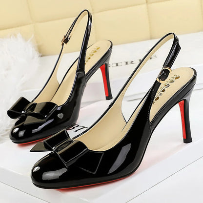 BIGTREE Shoes Round-toe Women Pumps Patent Leather High Heels Bowknot Women Heels Stiletto 8 cm Buckle High-heeled Sandals Lady