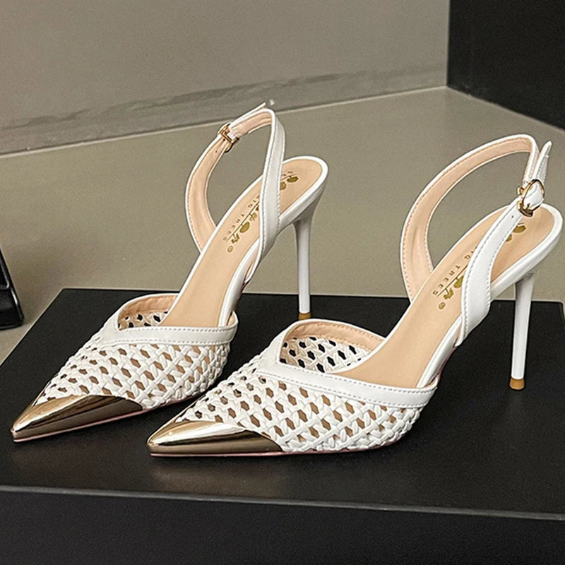 BIGTREE Fashion Hollow Woven Slim Heel Sandals Women Shoes Summer Advanced Metal Pointed High Heels Women Pumps Stiletto 8.5 cm