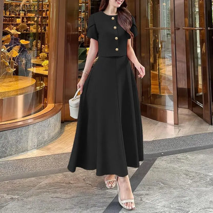 ZANZEA Women's French Chic Skirt Suits Elegant Short Petal Sleeves Tops and A-Line Midi Skirts 2 Piece Sets Outfit Woman Clothes