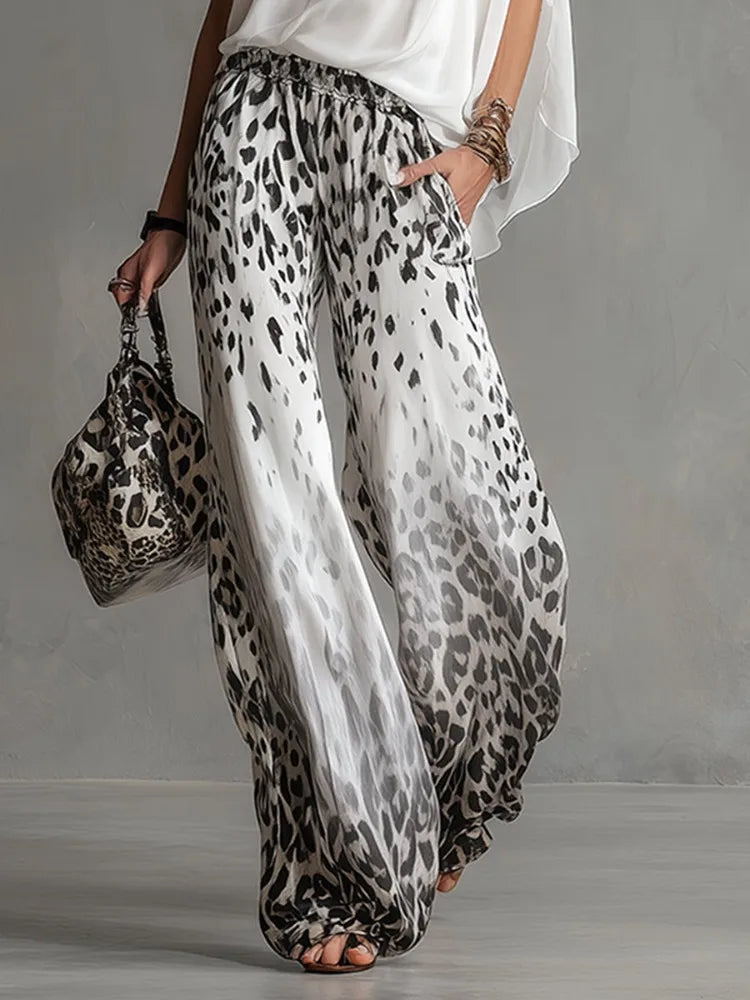 Missuoo Women's Watercolor Leopard Print Elastic Waist Wide Leg Chiffon Palazzo Pants 2026 Summer Casual Vacation Trousers