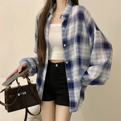 Sheer Chiffon Plaid Shirt for Women Ovesized Collared Button-down Blouse Summer Laides Slouchy Casual Outfit