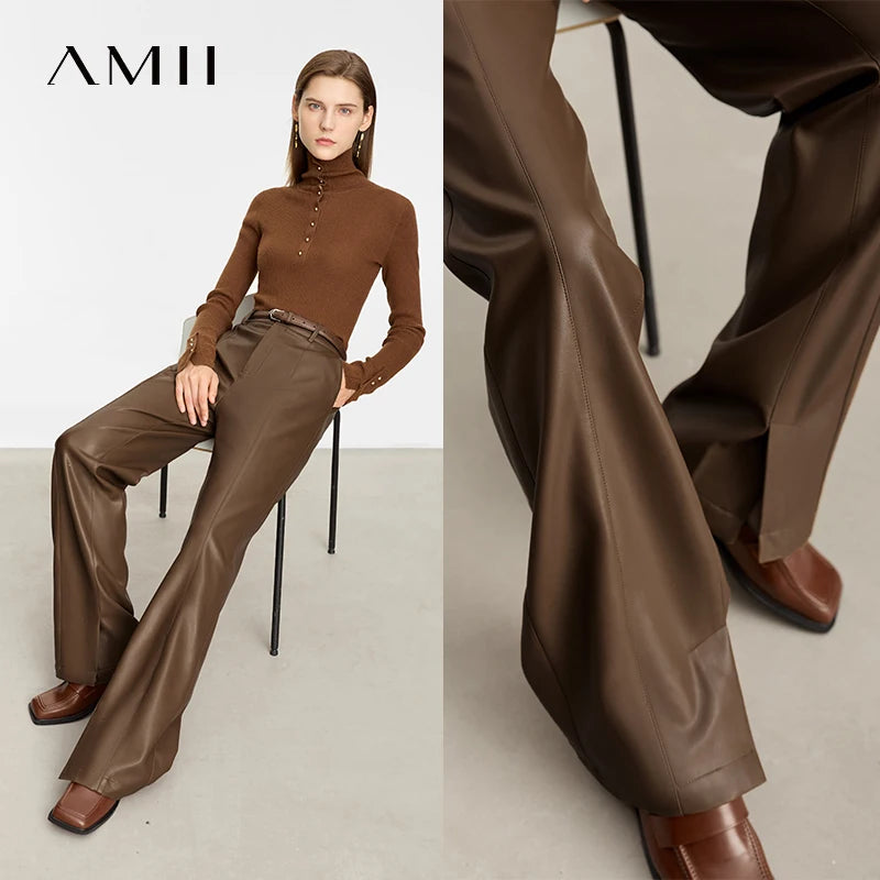 AMII Minimalist PU Leather Casual Pants for Women 2025 Autumn New Loose Floor Length Straight Slit Female Trousers 12343250
