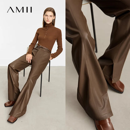 AMII Minimalist PU Leather Casual Pants for Women 2025 Autumn New Loose Floor Length Straight Slit Female Trousers 12343250