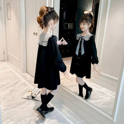2025 New Girls' Plus Size Korean Style Stylish Long Sleeve Peter Pan Collar Cute Princess Dresses for 4-12 Years Old